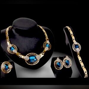 5pc GreeK 🇬🇷 key vintage Gold Blue crystal rhinestone Necklace Set BEAU DEFI